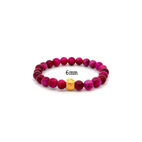 24K Gold Money Bag Lucky Charm Stretchable Bracelet Dyed Pink Tiger's Eye 6mm - Picture 1 of 5